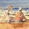 French Impressionist Watercolor of Figures Relaxing on Ocean Beach