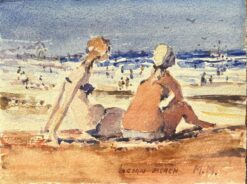 French Impressionist Watercolor of Figures Relaxing on Ocean Beach