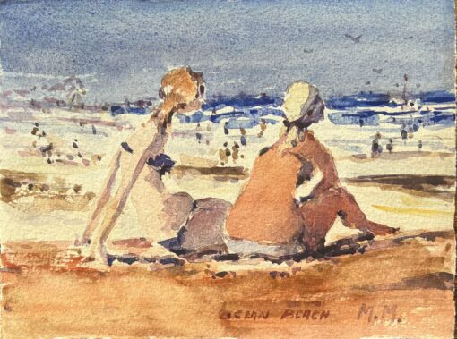 French Impressionist Watercolor of Figures Relaxing on Ocean Beach