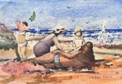 French Impressionist Watercolor of Families Enjoying Ocean Beach