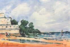 French Impressionist Watercolor of Seaside View with Trees and Figures