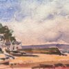 French Impressionist Watercolor of Coastal Village with Bay at Low Tide
