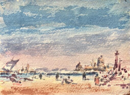 French Impressionist Watercolor of Beachfront with Figures and Pier