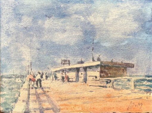 French Impressionist Watercolor of a Pier with Figures on a Sunny Day