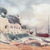 French Impressionist Watercolor of Coastal Village with Boats at Low Tide