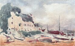 French Impressionist Watercolor of Coastal Village with Boats at Low Tide
