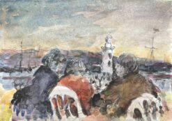 French Impressionist Watercolor of Figures by the Lighthouse at Sunset
