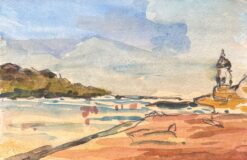 French Impressionist Watercolor of Coastal Scene with Lighthouse