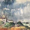 French Impressionist Watercolor of Coastal Lane with Riders and Buildings