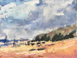 French Impressionist Watercolor of a Coastal Landscape with Rolling Hills