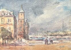 French Impressionist Watercolor of a Riverside Scene with Historic Buildings
