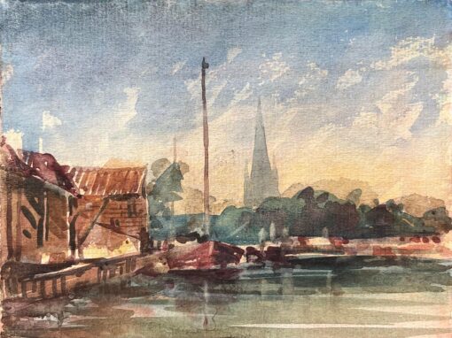 French Impressionist Watercolor of a Coastal Village with a Church Steeple
