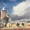 French Impressionist Watercolor of Figures Walking Along a Bridge by Tower