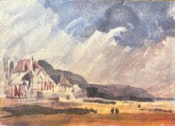 French Impressionist Watercolor of Coastal Cottages with Dramatic Sky