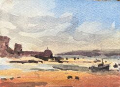 French Impressionist Watercolor of a Coastal Landscape at Low Tide