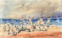 French Impressionist Watercolor of a Seaside Gathering with Sailboats
