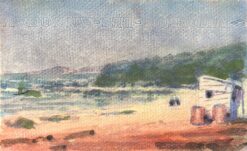 French Impressionist Watercolor of a Coastal Scene with Outbuildings