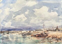 French Impressionist Watercolor of a Harbor Scene with Boats Moored on the Shore