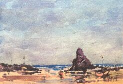 French Impressionist Watercolor of a Coastal Scene with Rocky Outcrop