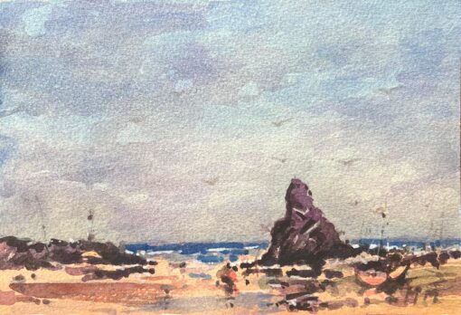 French Impressionist Watercolor of a Coastal Scene with Rocky Outcrop