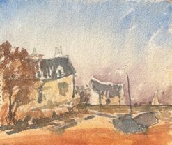 French Impressionist Watercolor of a Rural Houses in a Coastal Setting