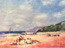 French Impressionist Watercolor of Figures Relaxing on a Beach