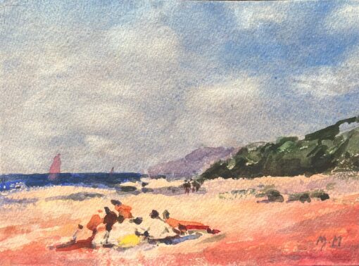 French Impressionist Watercolor of Figures Relaxing on a Beach
