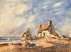 French Impressionist Watercolor of Figures Walking Towards a Coastal Cottages