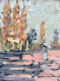 French Impressionist Oil Painting of a Lady Strolling with Parasol Among Trees