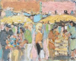 French Oil painting of Market Scene in Impressionist Style with Flower Sellers