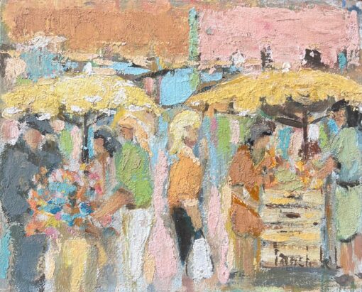 French Oil painting of Market Scene in Impressionist Style with Flower Sellers