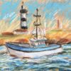 French Coastal Scene with Fishing Boat and Lighthouse in Pastel