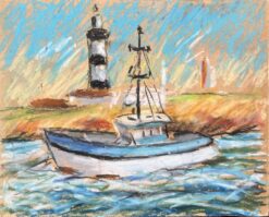 French Coastal Scene with Fishing Boat and Lighthouse in Pastel