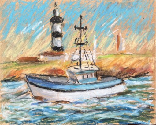French Coastal Scene with Fishing Boat and Lighthouse in Pastel