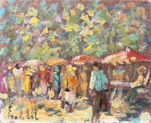 French Oil painting of a Outdoor Market Scene in Impressionist Style