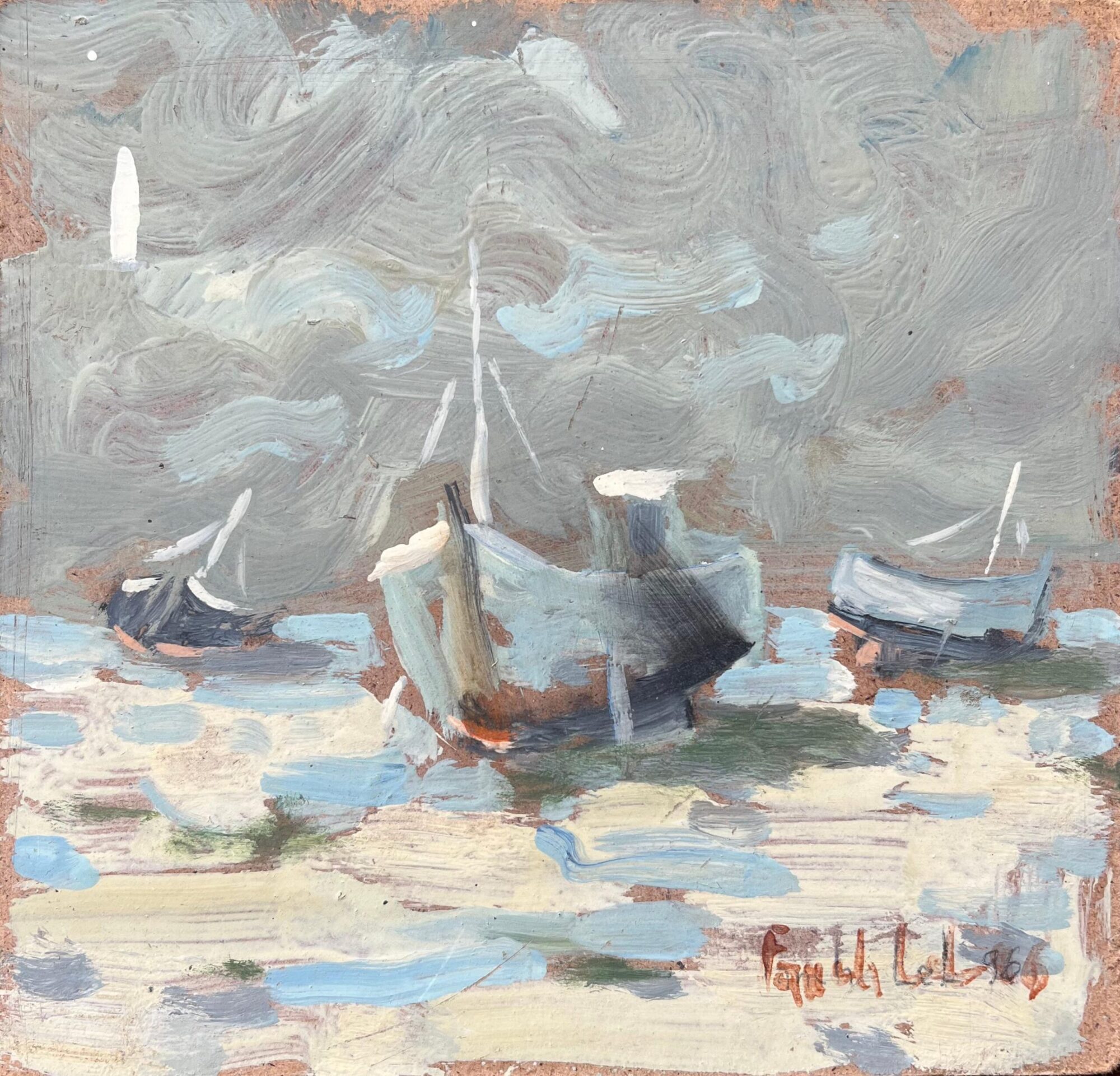 French Impressionist Oil Painting of a Coastal Scene with Boats at Low Tide