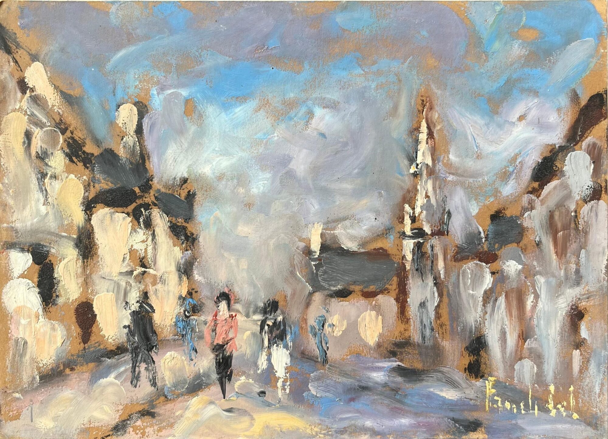"Rue de Village animée" French Oil Painting of a Village Street Scene