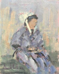 French Impressionist Painting of Breton Woman in Traditional Dress at St. Briac