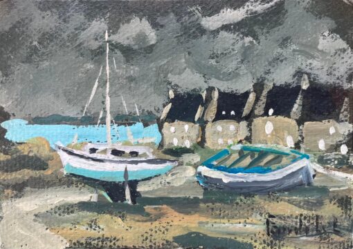 French Impressionist Oil Painting of "Le Guildo" Coastal Village Scene with Boat