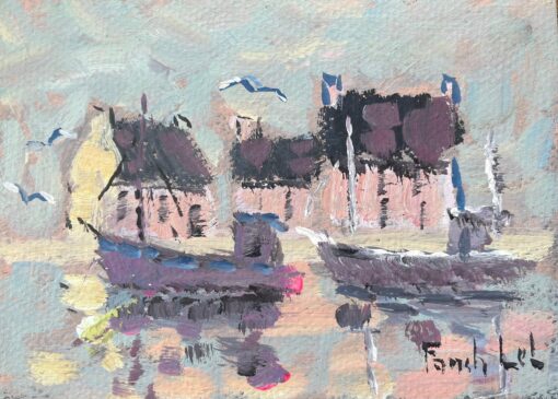 French Impressionist Oil Painting of "Reflets" French Harbor Scene with Boats