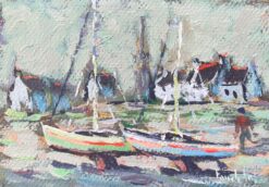 French Impressionist Oil Painting of Boats by the Sea in Breton Village