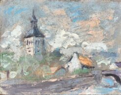 French Impressionist Oil Painting of a Village Scene with Church Tower