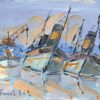 French Impressionist Oil Painting of Docked Boats in a Harbor