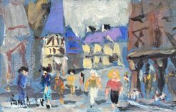 French Impressionist Oil Painting of Various Figures Strolling in Dinan