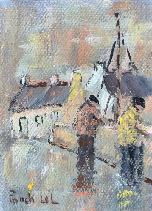 French Impressionist Oil Painting of a Scene of Two Figures Along a Quiet Harbor