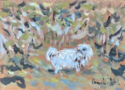 French Impressionist Oil Painting of a Fluffy White Dog on a Walk