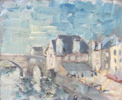 French Impressionist Oil Painting of A Tranquil Village View with Stone Bridge