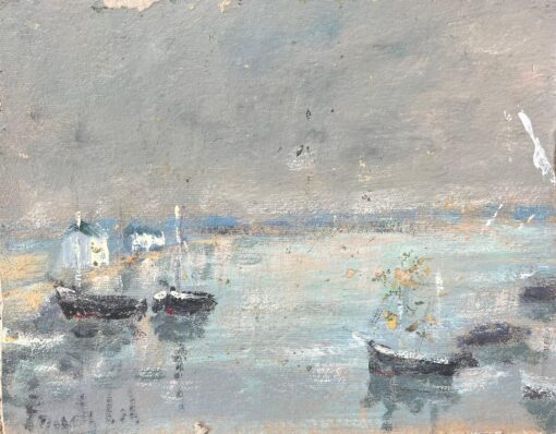 French Impressionist Oil Painting of Small Boats Anchored by the Shore