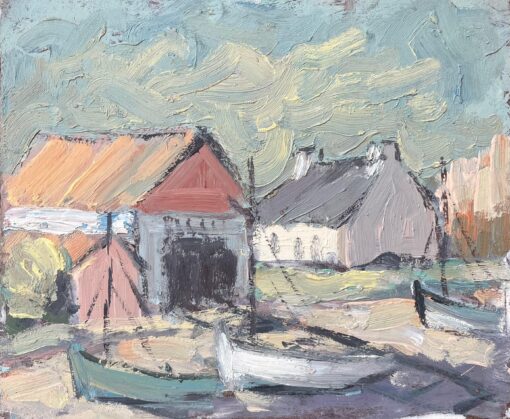 French Impressionist Oil Painting of Coastal Village with Boats Resting Ashore