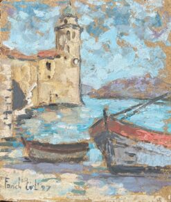 French Impressionist Oil Painting of Boats by a Coastal Tower